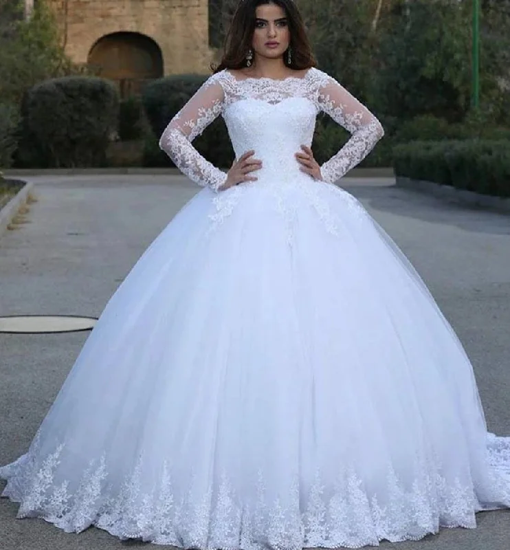 Vintage Long Sleeves Wedding Dresses Lace Winter Ball Gown Formal Party Dress