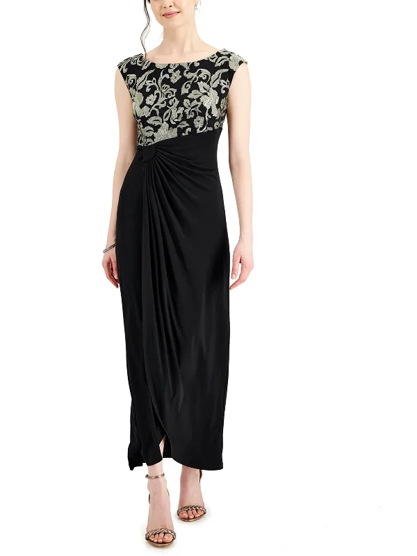 Womens Metallic Embroidered Evening Dress