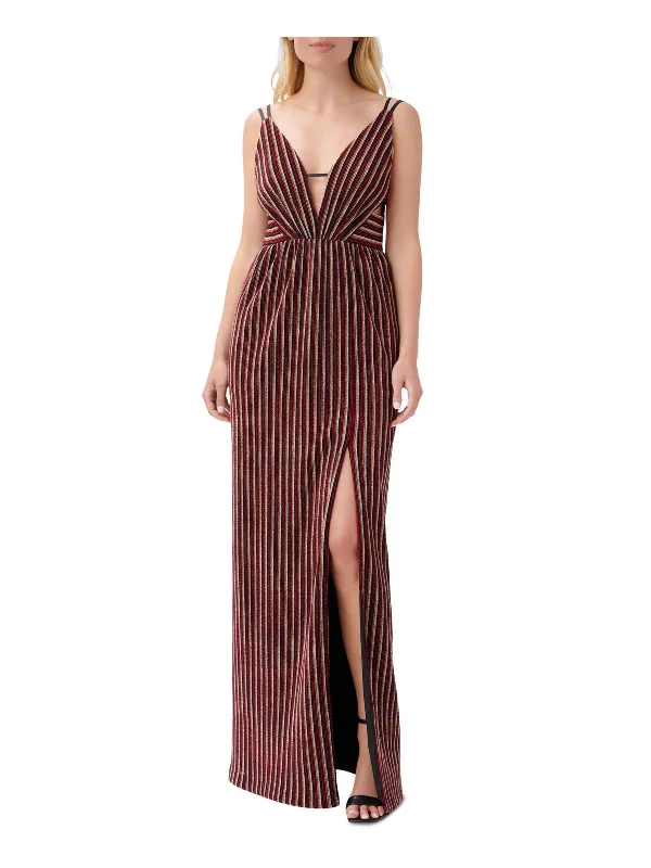 Womens Metallic Side-Slit Evening Dress