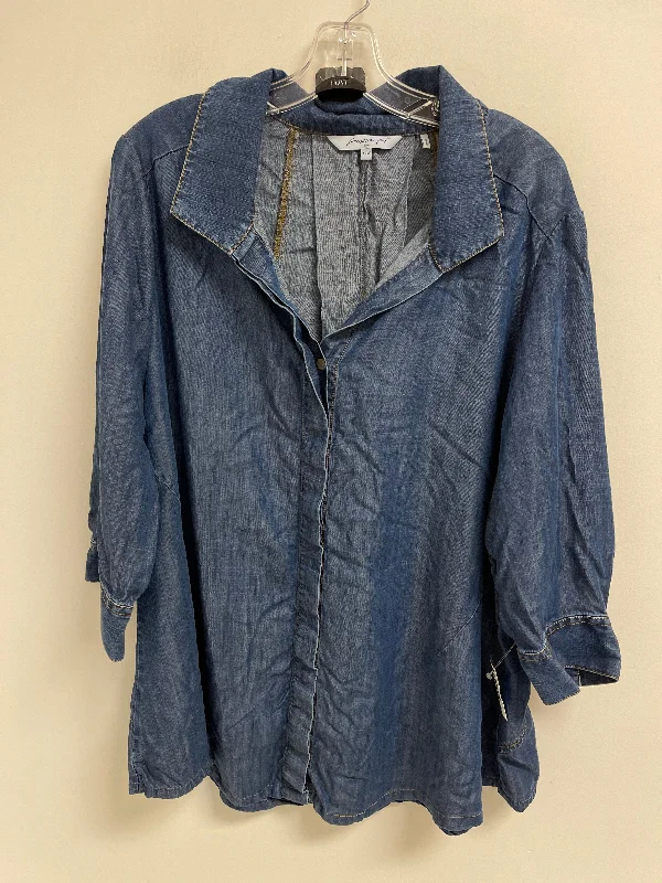 Blouse Long Sleeve By Foxcroft In Blue, Size: Xl