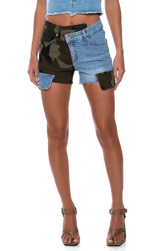 EASY ON ME CAMO DENIM SHORTS