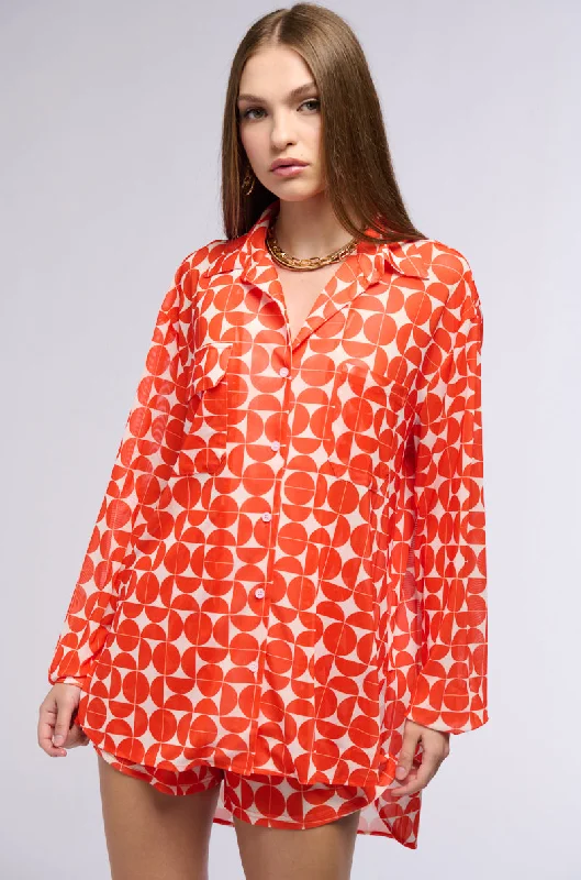 GIVE ME MONEY HONEY PRINTED MESH BUTTON DOWN BLOUSE