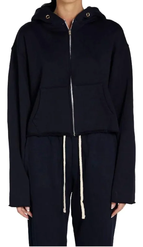 Rosa Raw Zip Hoodie In Navy